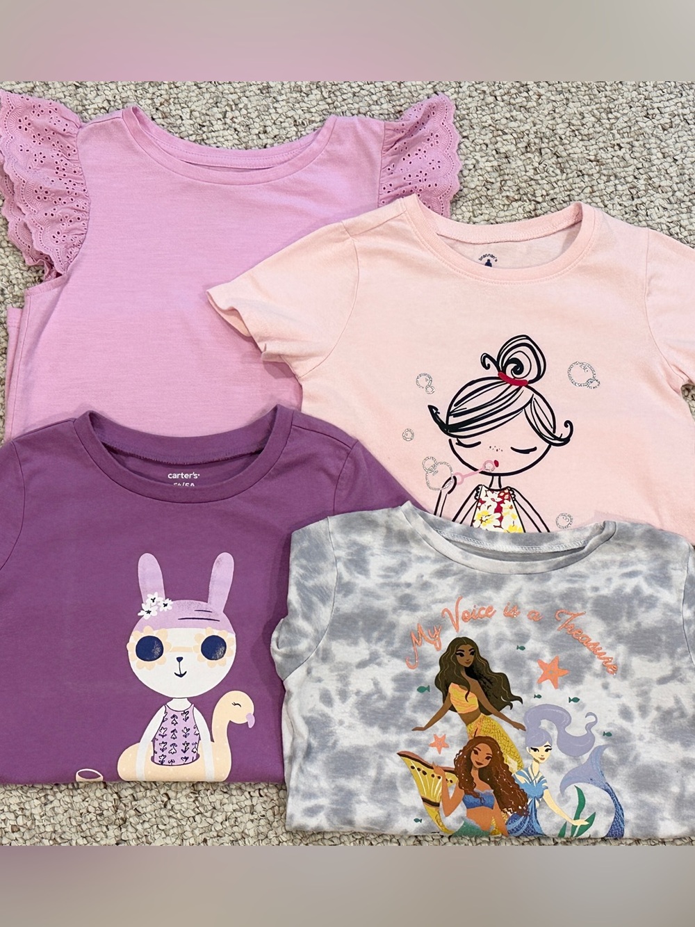 Bundle of 4 T-shirts for girls in size 5T. (GAP, Cat & Jack, Disney, & Carter’s)